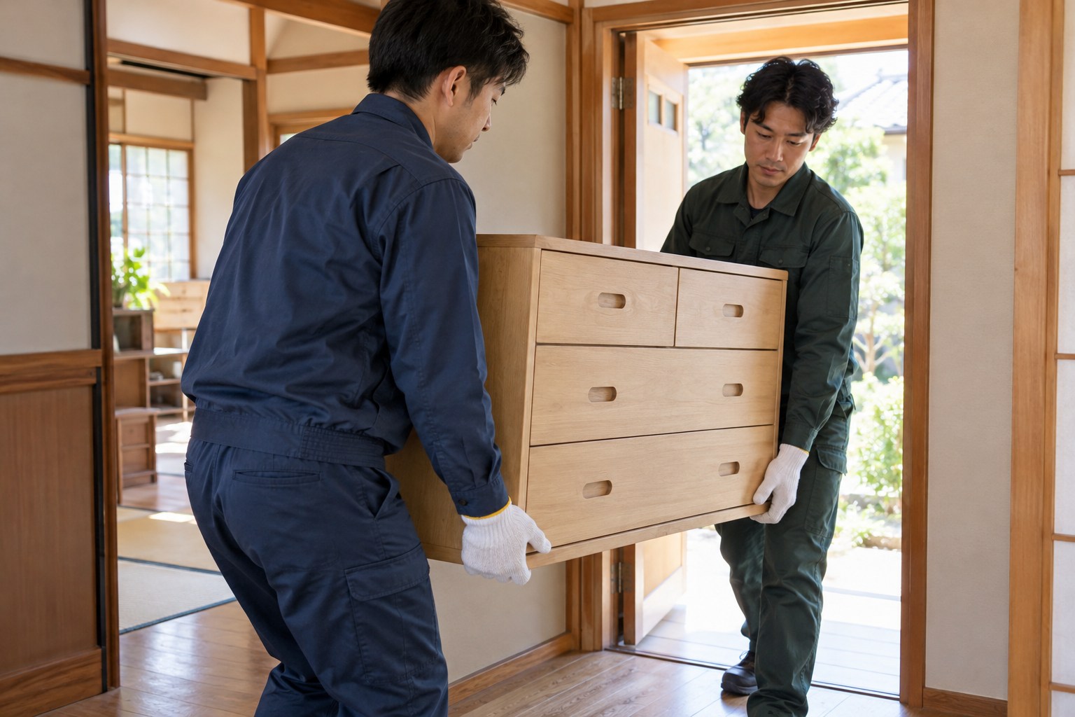 二人のスタッフが家具を安全に運び出す作業のイメージ