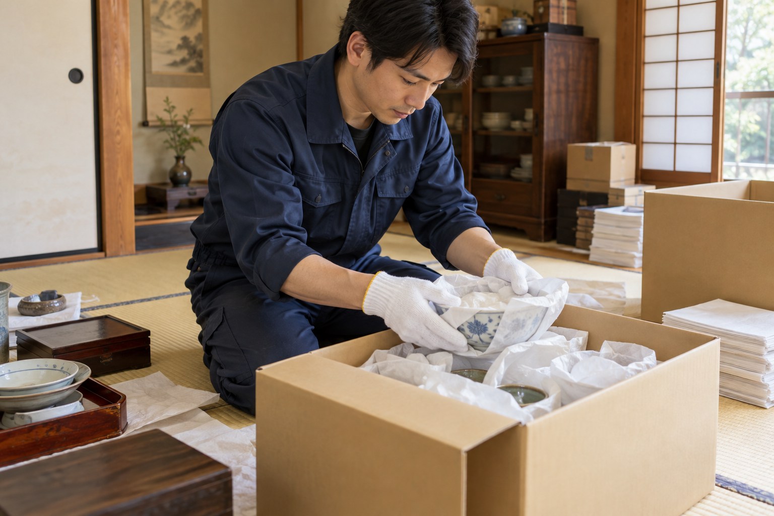 思い出の品や食器を丁寧に箱へ仕分けする作業のイメージ