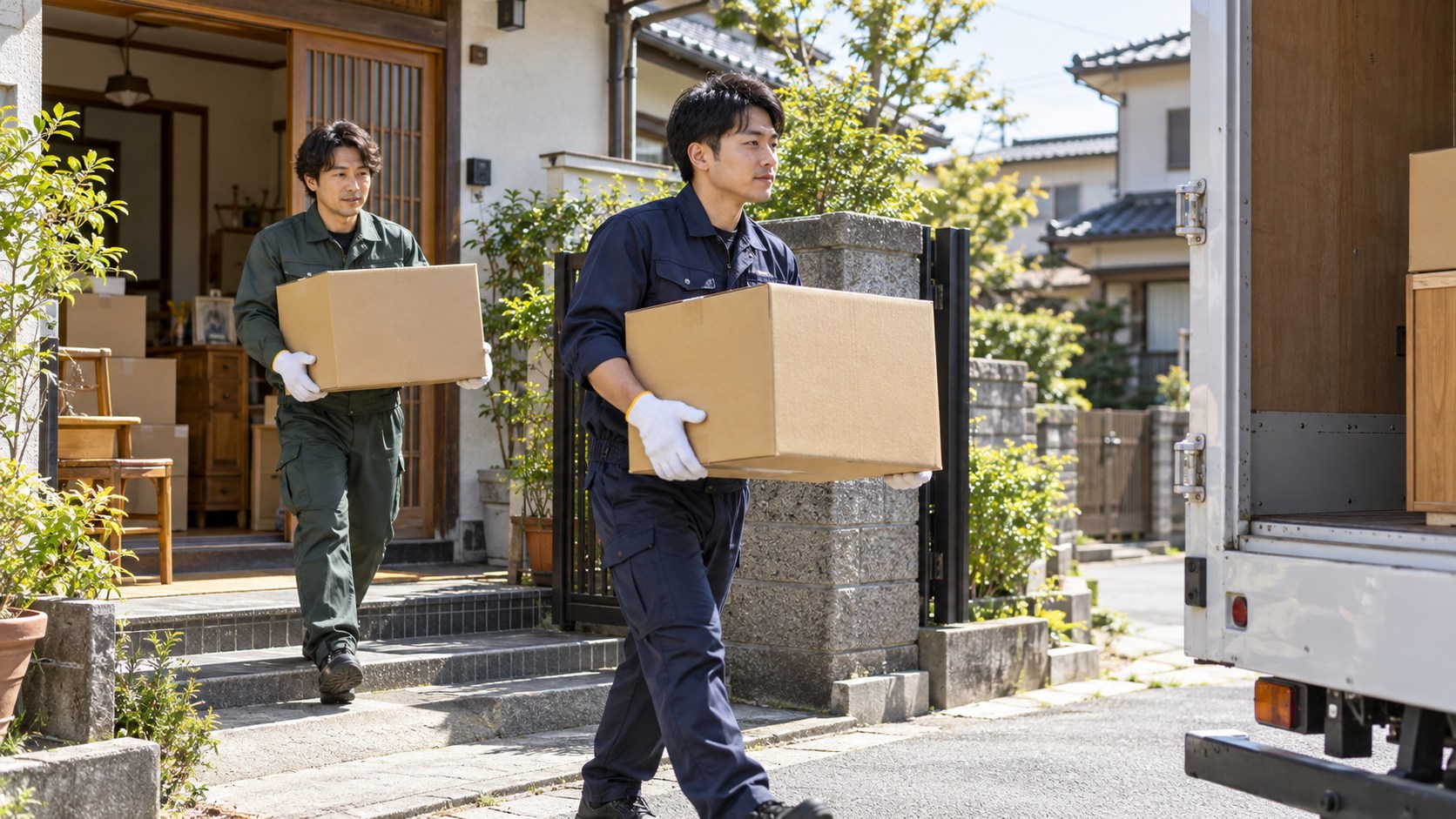スタッフが住まいから段ボールを運び出す作業のイメージ